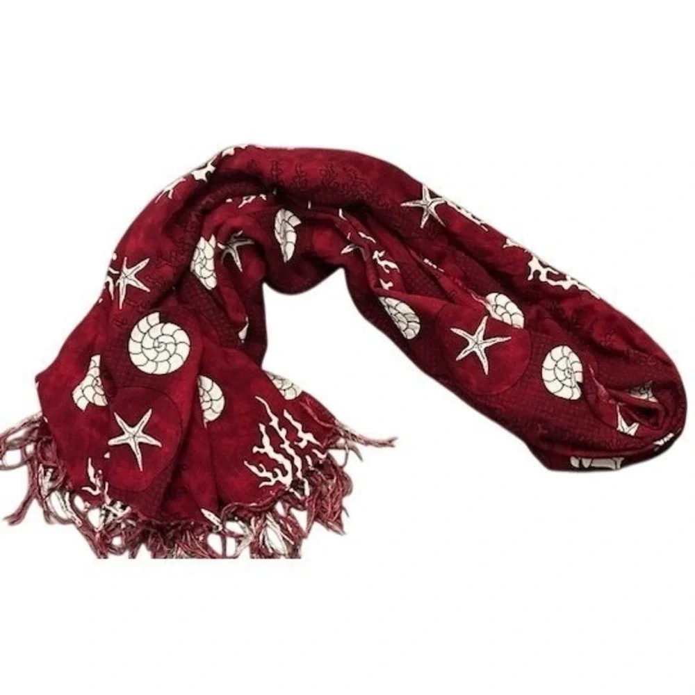 VTG Handmade Nautical Shell Starfish Dolphin Print Scarf Sarong Red Coastal Wrap